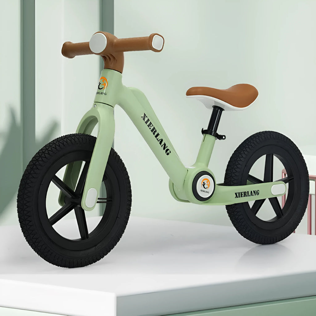 Foldable kids balance bike in grass green, light brown or pink purple, nylon glass fibre, 12 inch and 14 inch sizes