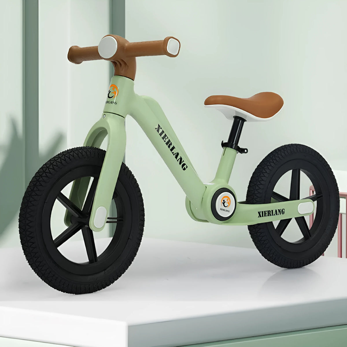 Foldable kids balance bike in grass green, light brown or pink purple, nylon glass fibre, 12 inch and 14 inch sizes