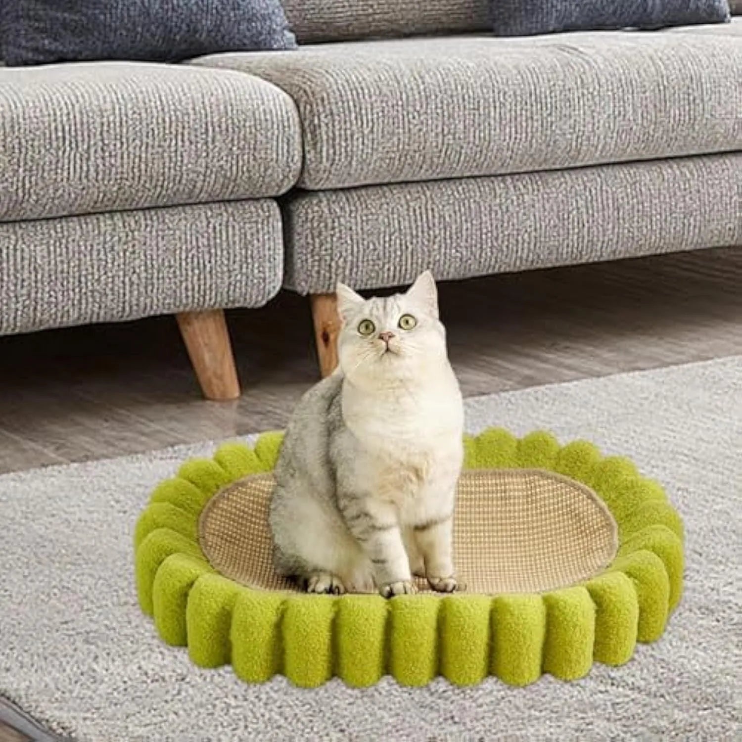 Green oval cat scratch pad bowl bed with sisal scratching surface