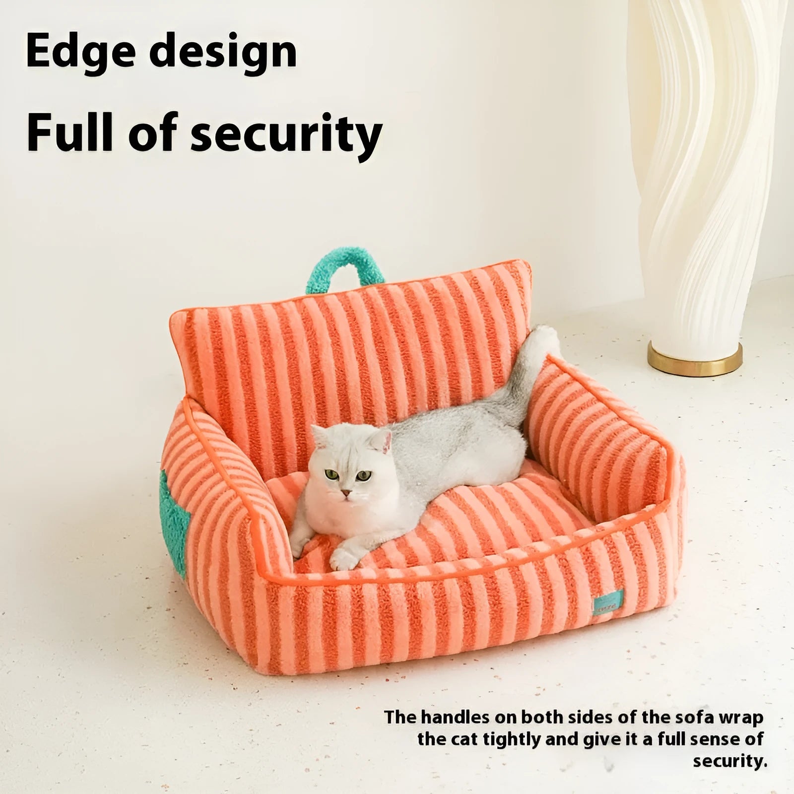 Striped orange plush fabric pet bed with a removable cover, shown in a home setting.