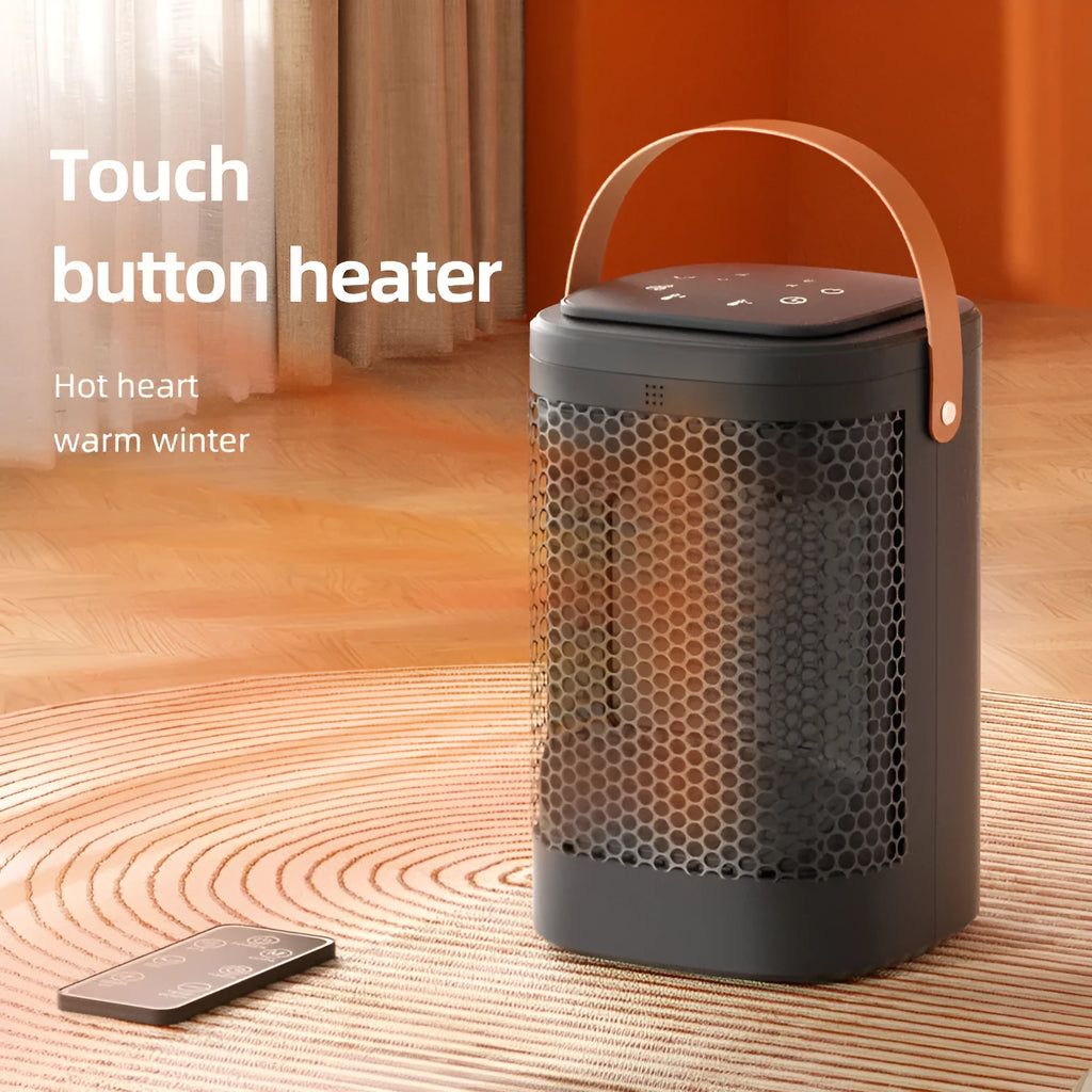 Remote control touch screen portable electric heater with PTC element and digital display.