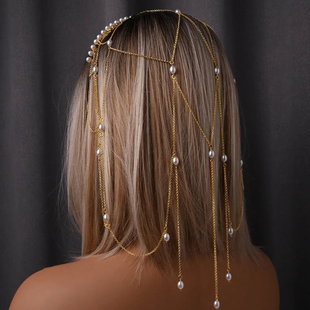 Gold and silver mesh tassel hair chain with pearl elements for women