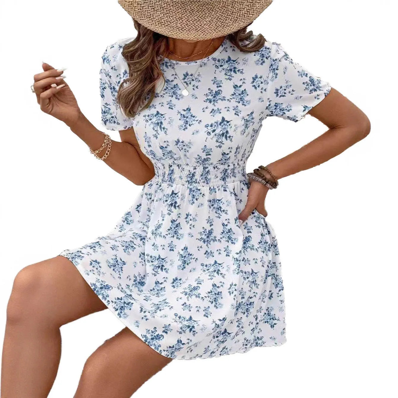 Light blue high waist A-line midi dress with regular sleeves on a model.