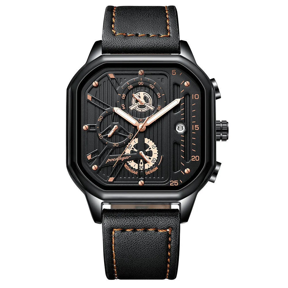 Men's belt-style quartz watch in black with gold details on wrist