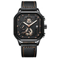 Men's belt-style quartz watch in black with gold details on wrist