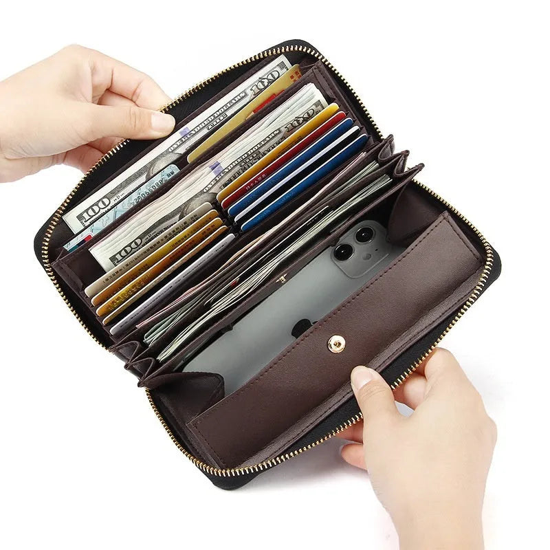 Women's genuine leather long wallet in six colour options with anti-theft card swiping functionality