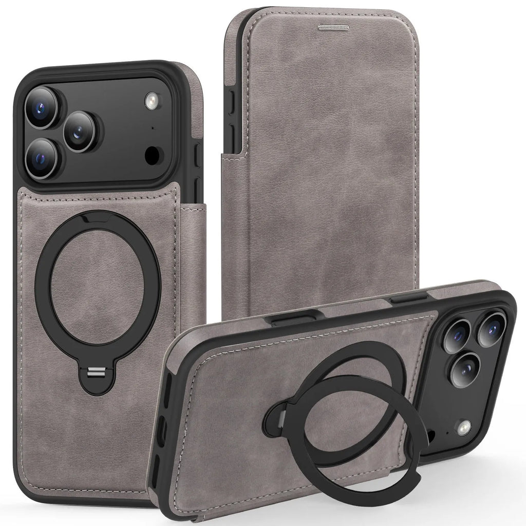 Magnetic bracket PC leather flip phone case for iPhone 16 in black with stand