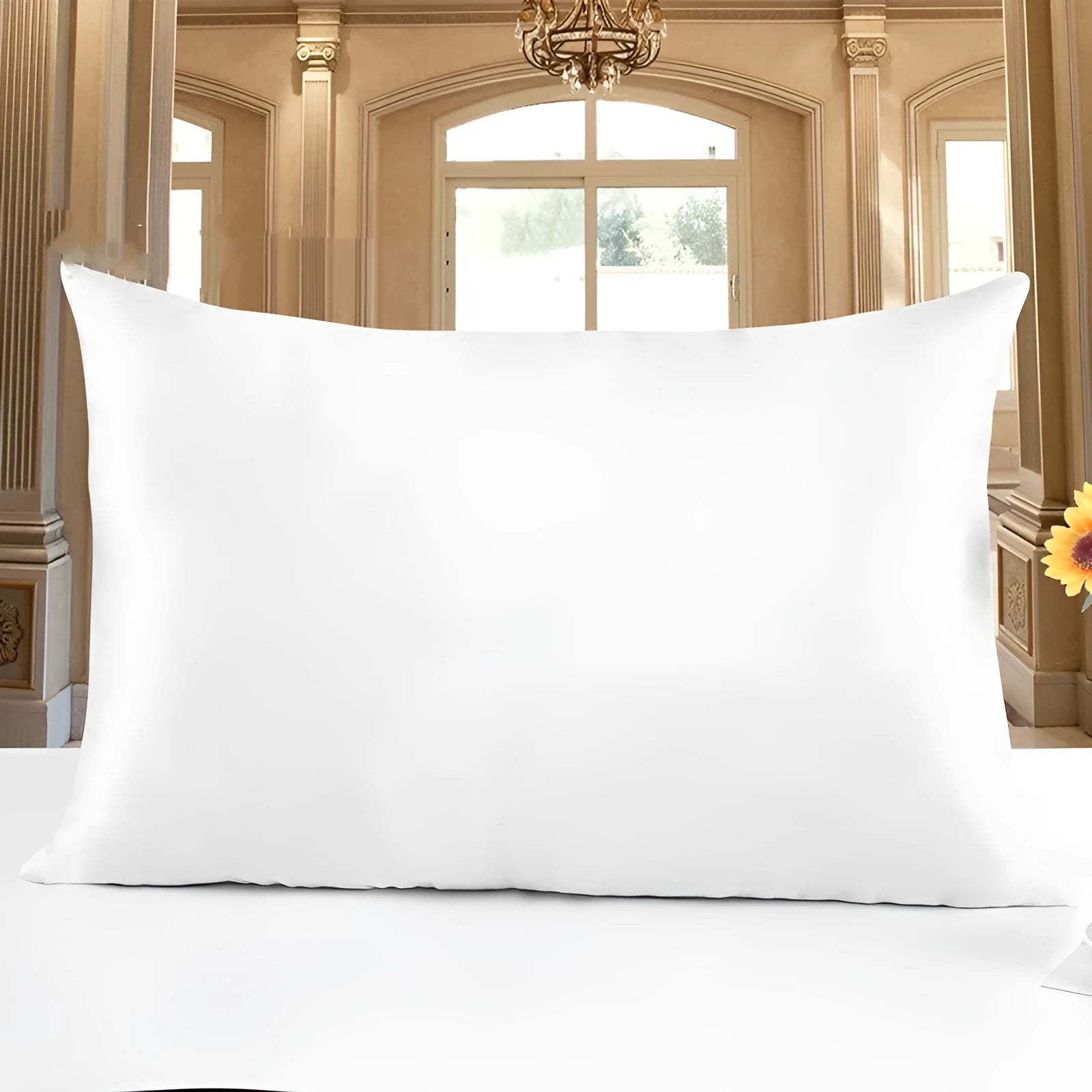 19M double-sided silk pillowcase shown in apricot colour, with size options 51x66, 51x76, and 51x91 cm.