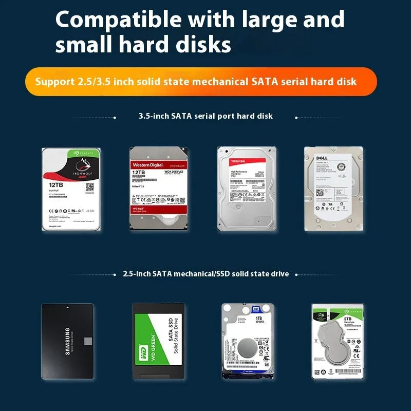 3.5-inch external hard drive enclosure in ABS plastic with USB 3.0 cable and power supply.