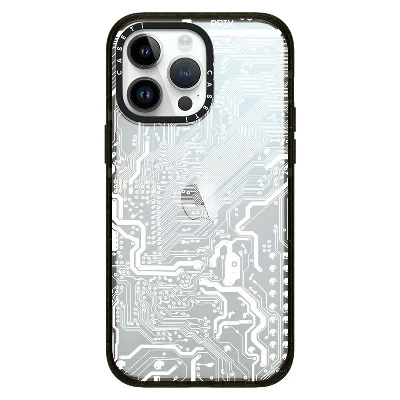 Circuit board iPhone case with engraved acrylic side panel, hard PC shell, IC board colour