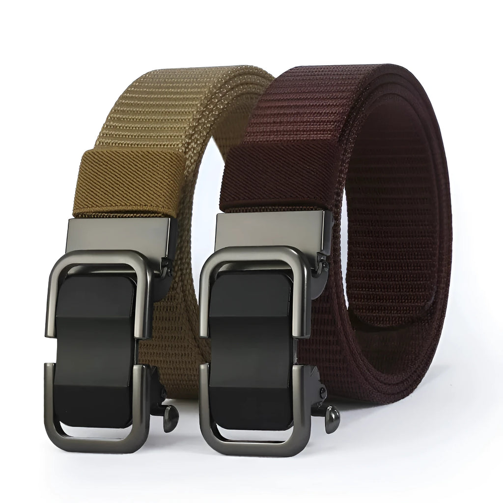 Men's nylon canvas belt with a silver slide buckle on a grey background, showing the adjustable toothless design.