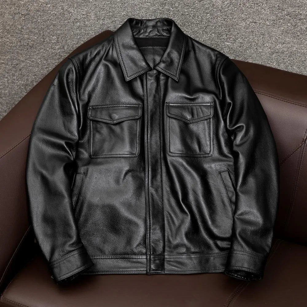 Men's black plus size lapel leather jacket with side pockets on mannequin