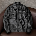Men's black plus size lapel leather jacket with side pockets on mannequin