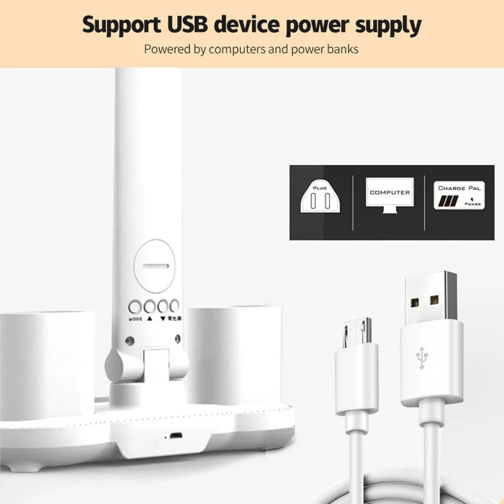 White multifunction LED desk lamp with clock, calendar, pen holder, and USB touch night light on a desk