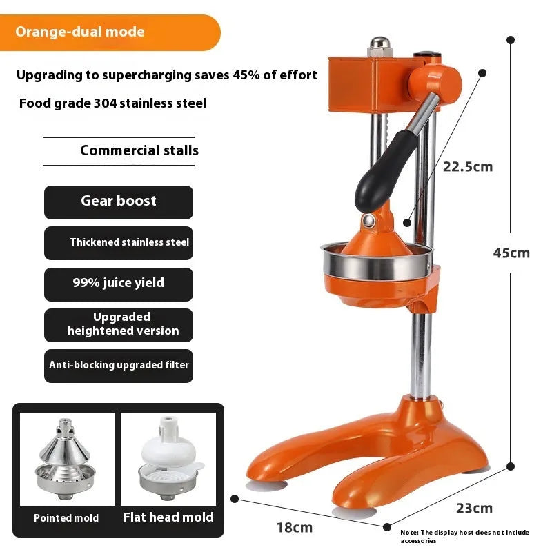 Vertical stainless steel manual citrus juicer in a choice of colours and head styles on a kitchen counter.
