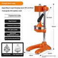 Vertical stainless steel manual citrus juicer in a choice of colours and head styles on a kitchen counter.