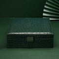 Green leather double layer jewelry storage box with lock and crocodile pattern, dimensions 26x26x8cm.