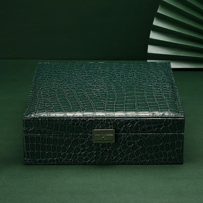 Green leather double layer jewelry storage box with lock and crocodile pattern, dimensions 26x26x8cm.