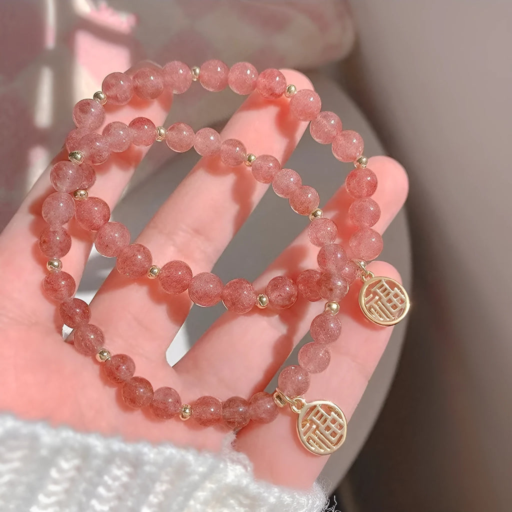 Strawberry quartz blessing card bracelet with clear glass and red gemstones