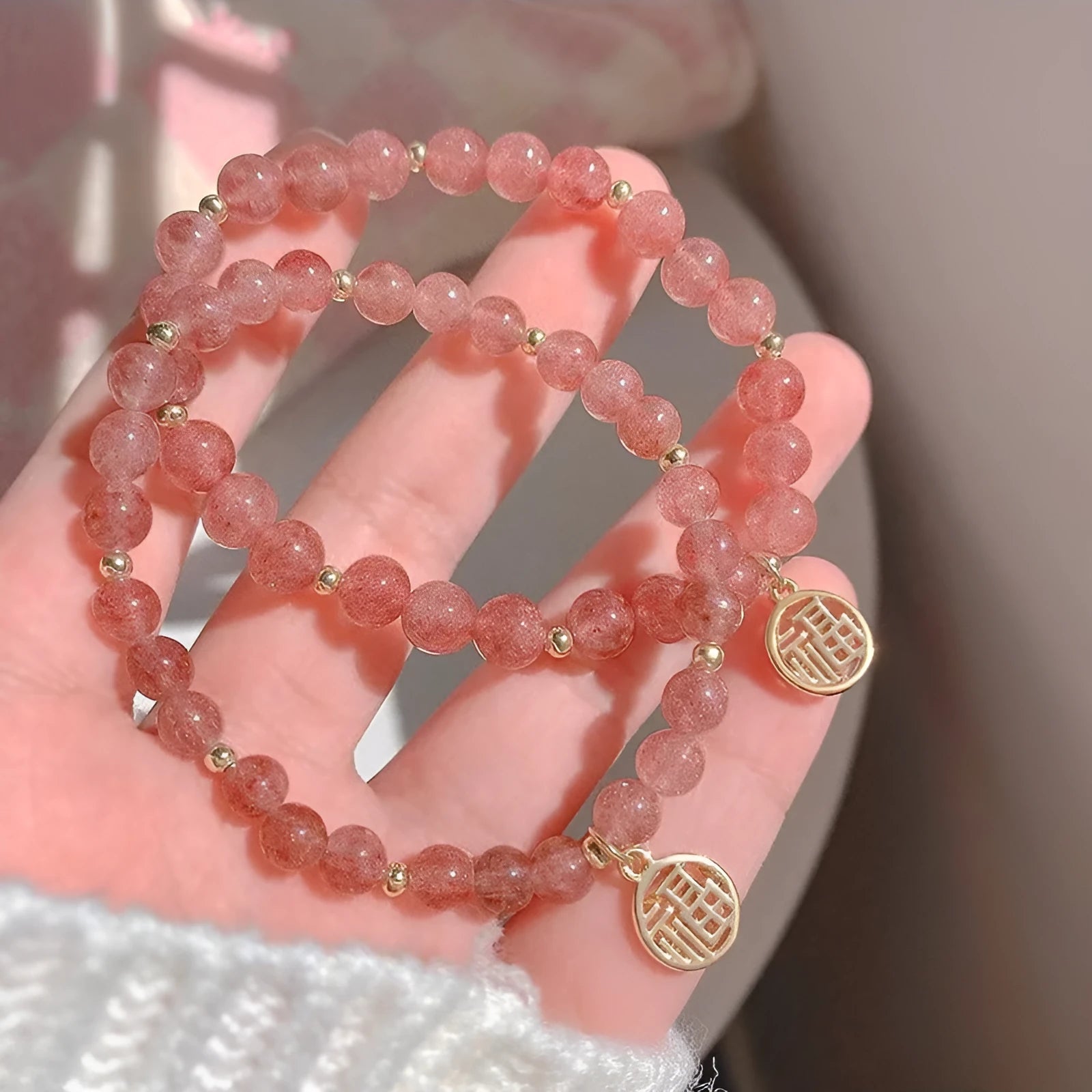 Strawberry quartz blessing card bracelet with clear glass and red gemstones