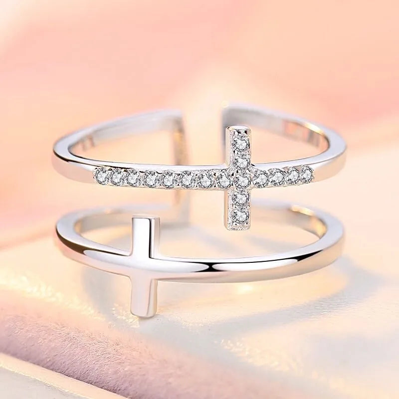 Women's adjustable geometric copper ring with zircon stone inlay and electroplated finish