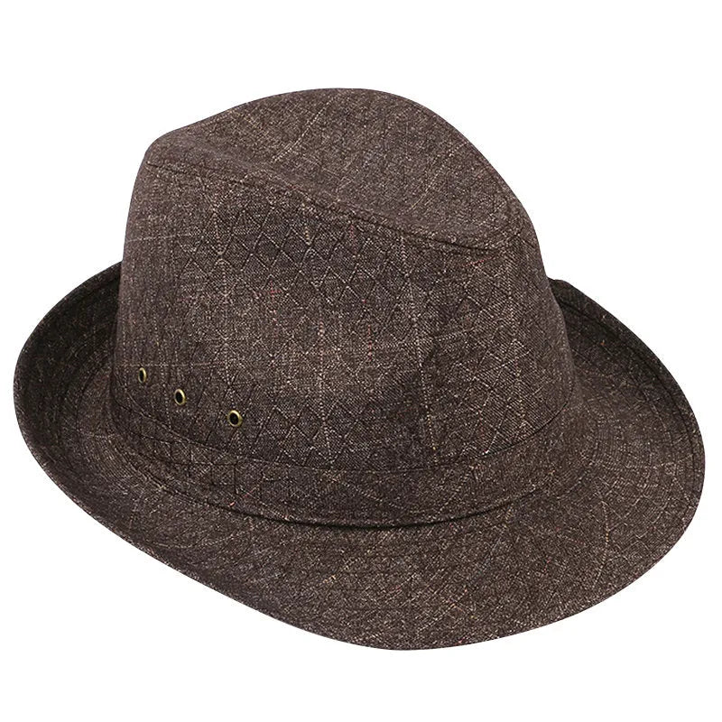 Men's classic fedora hat in suit material showing centre crease crown and flat brim.