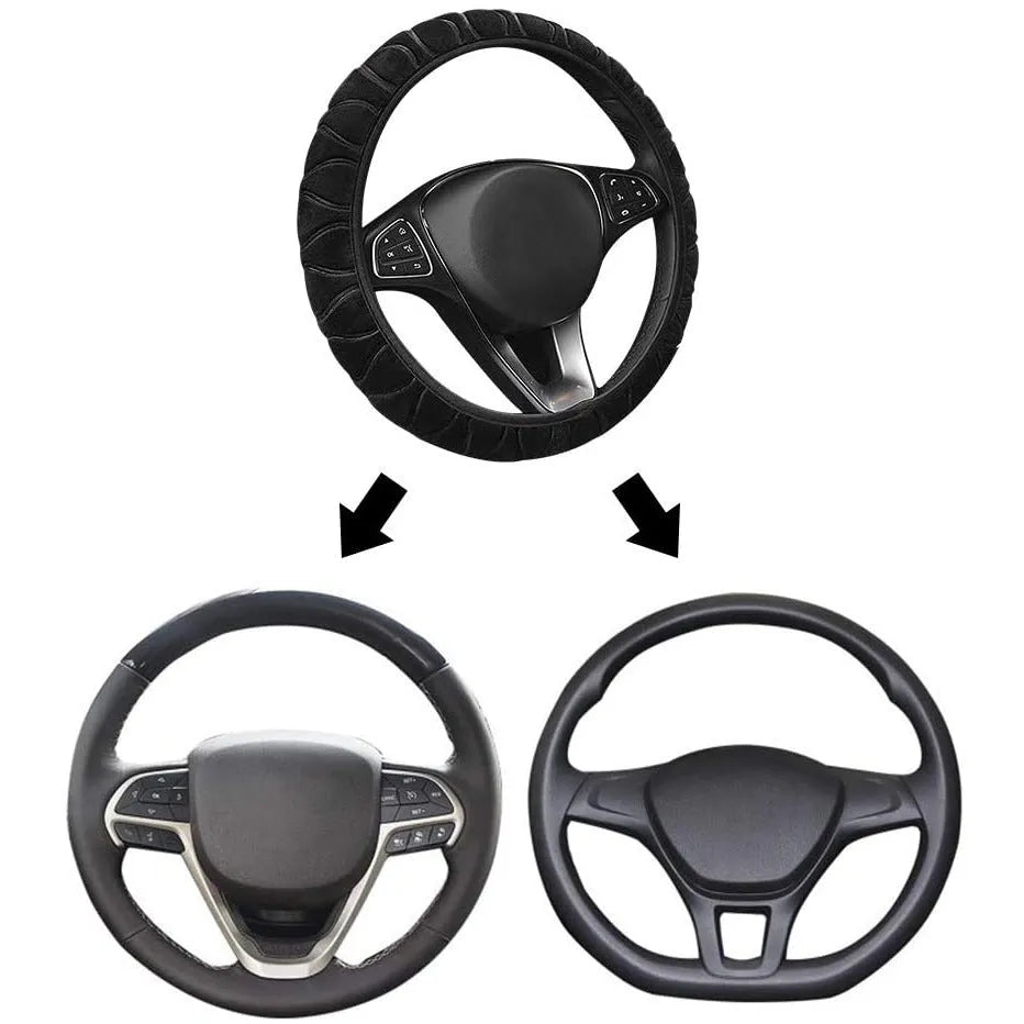 Short plush steering wheel cover in warm material with non-slip backing, 38cm size, colour option shown