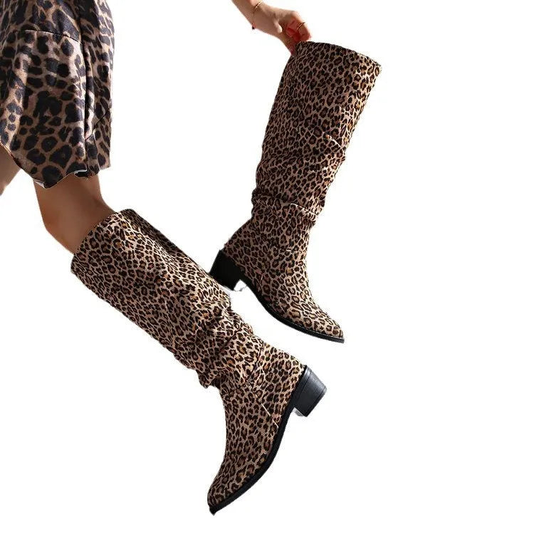 Brown women's leopard print square toe boots with chunky heel and high shaft design