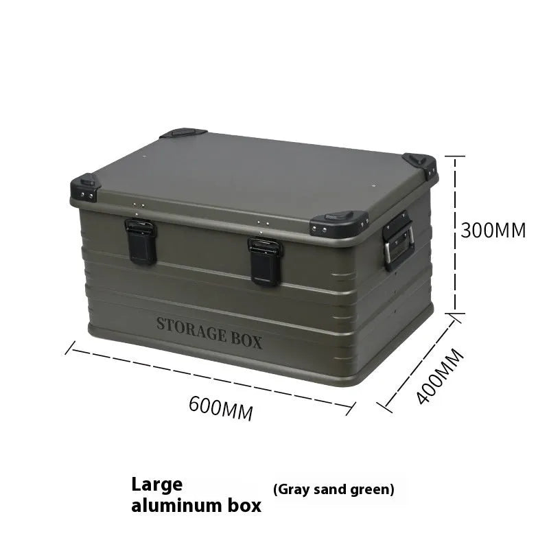 Waterproof vehicle storage box in army green colour showing sturdy handles and foldable design