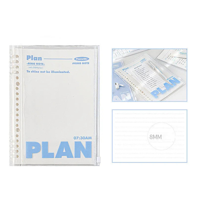 Blue and white A5 PVC notebook storage can for loose spiral papers, showing dimensions 148mm x 210mm.