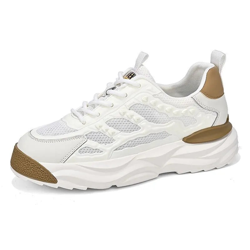 Men's white and black breathable mesh shoes with round toe and PU mesh upper construction