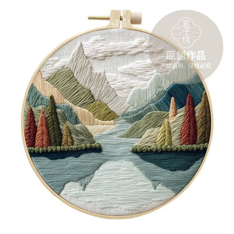 Embroidery DIY kit with bamboo frame, printed landscape fabric, embroidery thread and needles