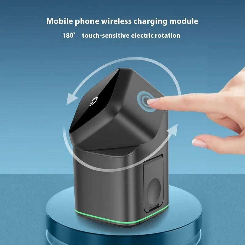 Black rotating magnetic wireless charging stand holding mobile phone at angle