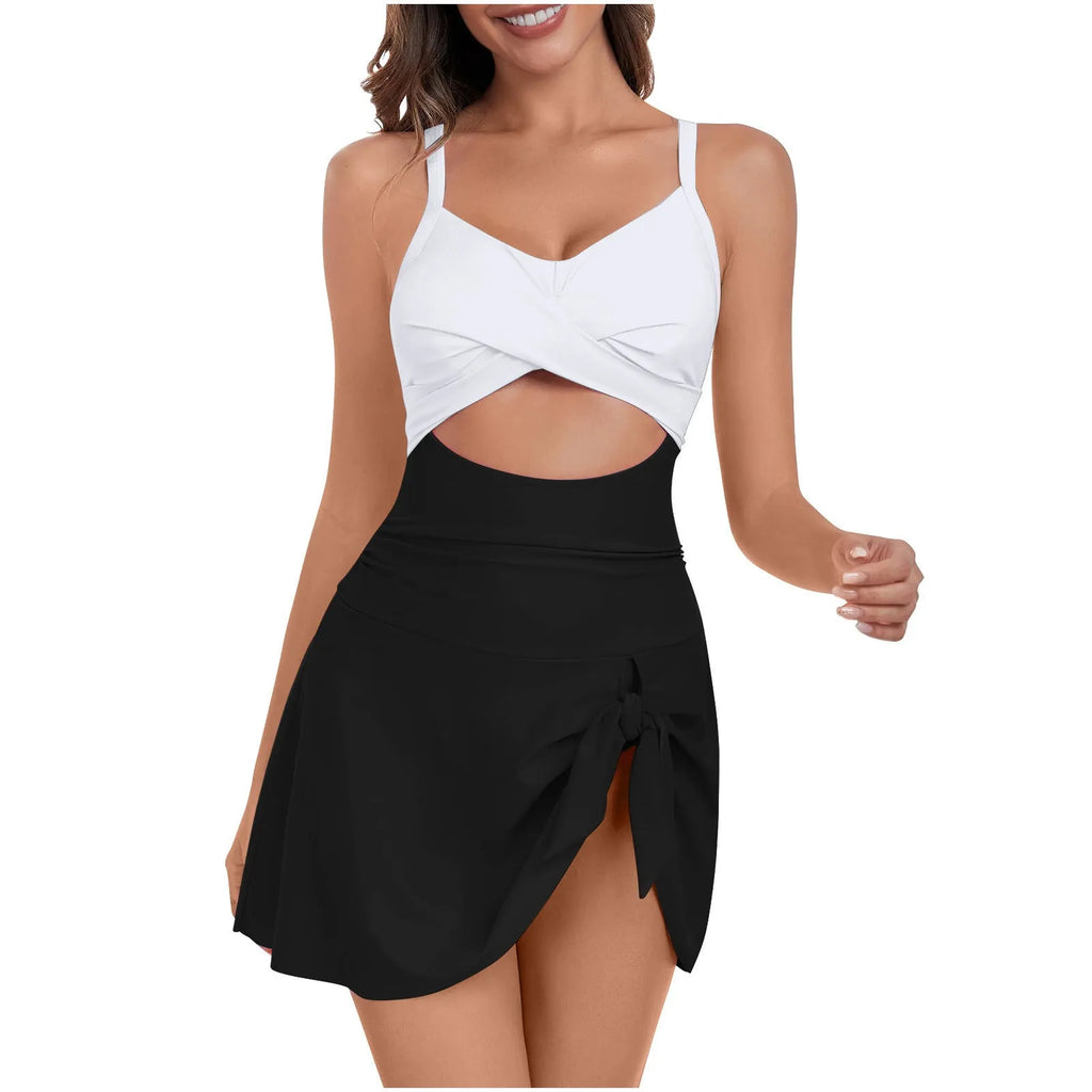 Women's strapped one-piece swimsuit in striped grey-blue, shown in size L on a mannequin