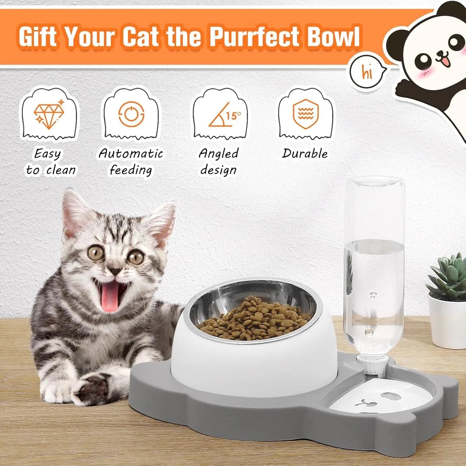 Grey panda-design automatic pet feeder with water bottle and tilted stainless steel bowls