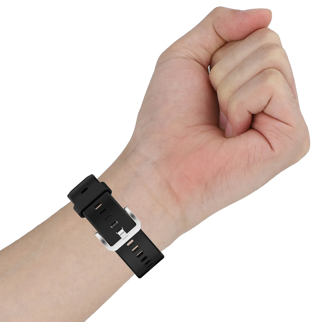 Huawei Watch Fit silicone replacement strap in black with stainless steel buckle and spare clips