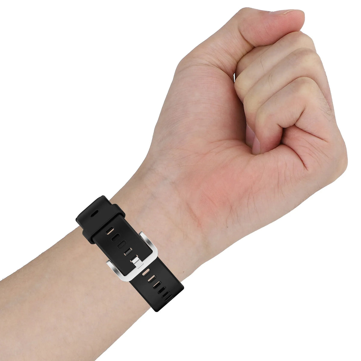 Huawei Watch Fit silicone replacement strap in black with stainless steel buckle and spare clips