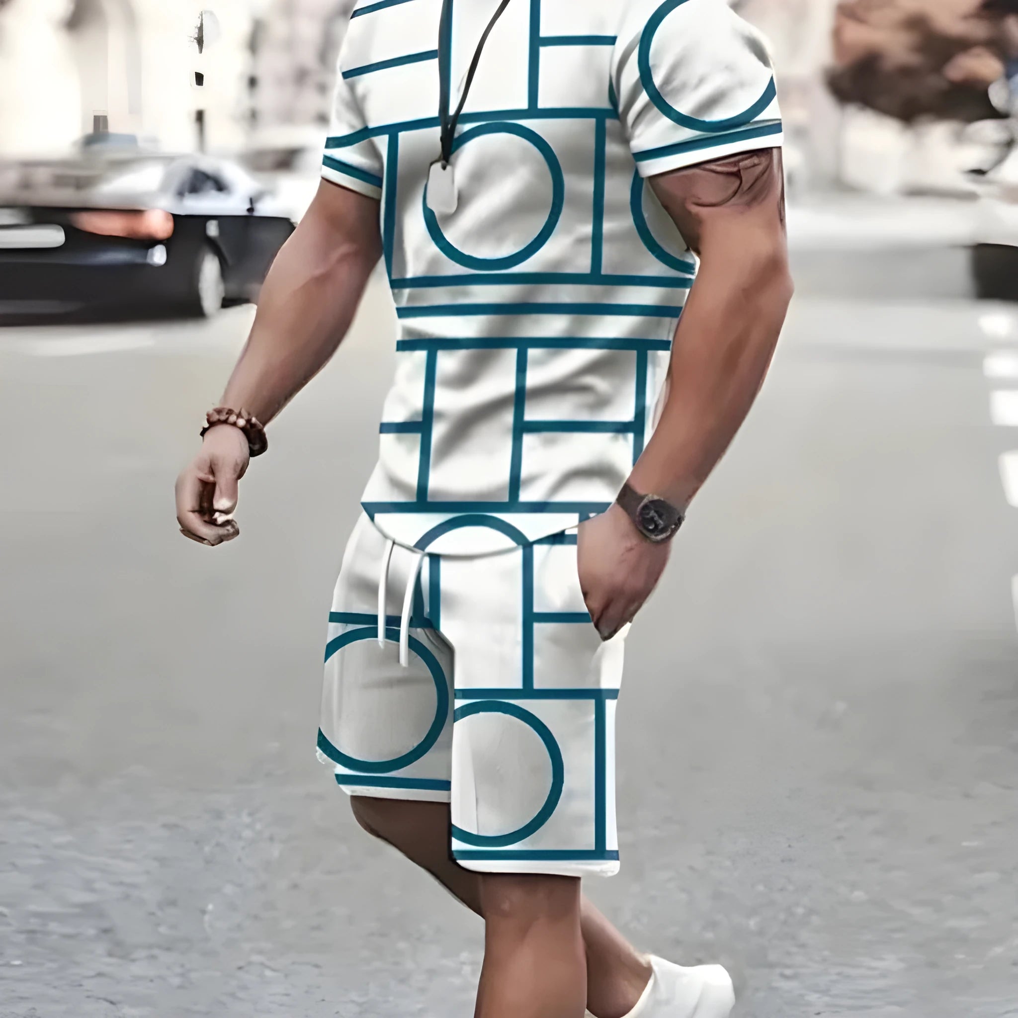 A sports-style short-sleeved T-shirt and matching shorts set laid flat, in a solid colour.