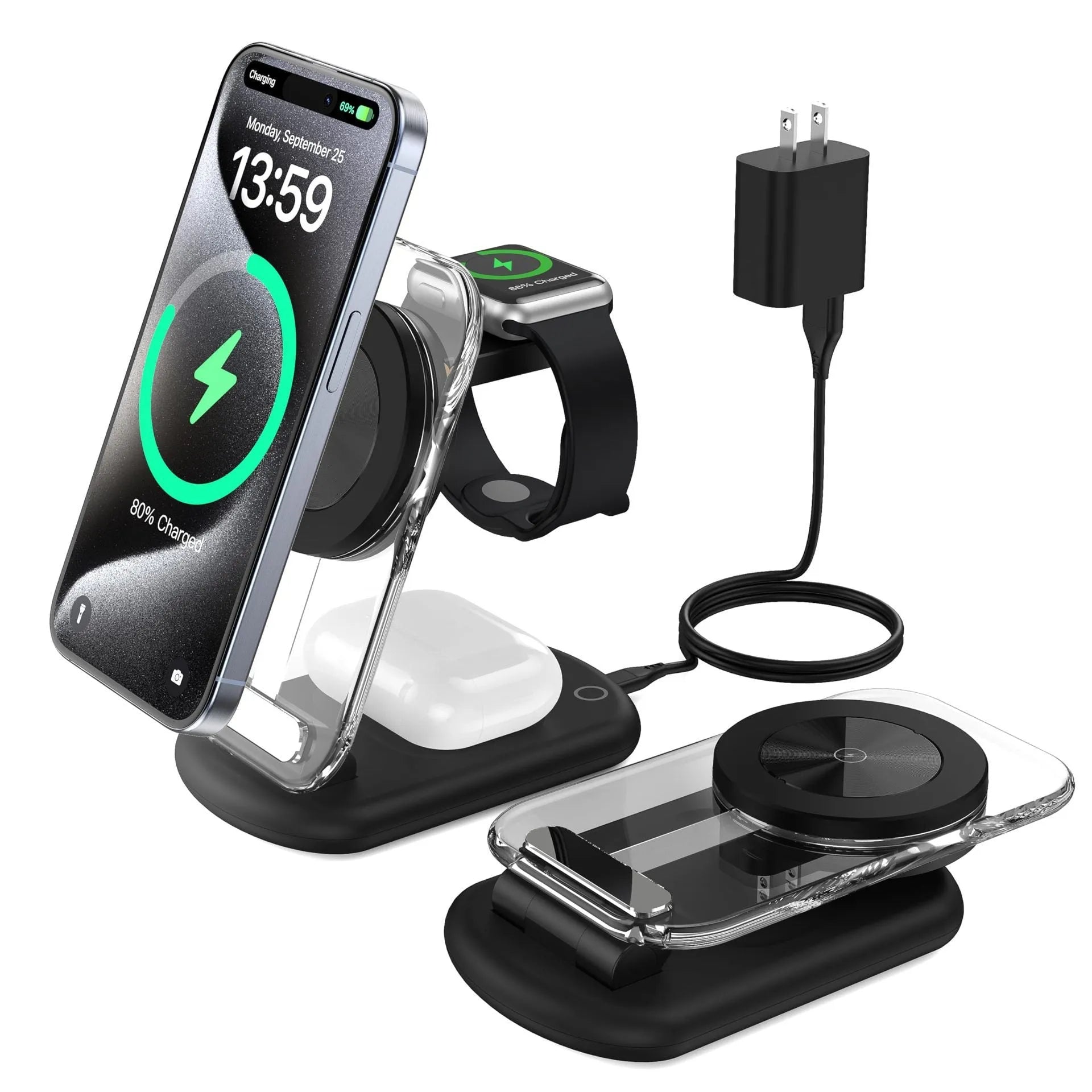 Transparent folding magnetic three-in-one wireless charger in black, showing fast charge QC3.0 and 18W output details.