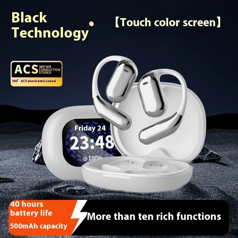 LED Display Ear-mounted OWS Bluetooth Headset in Gray with Digital Display and Ear Hook Design