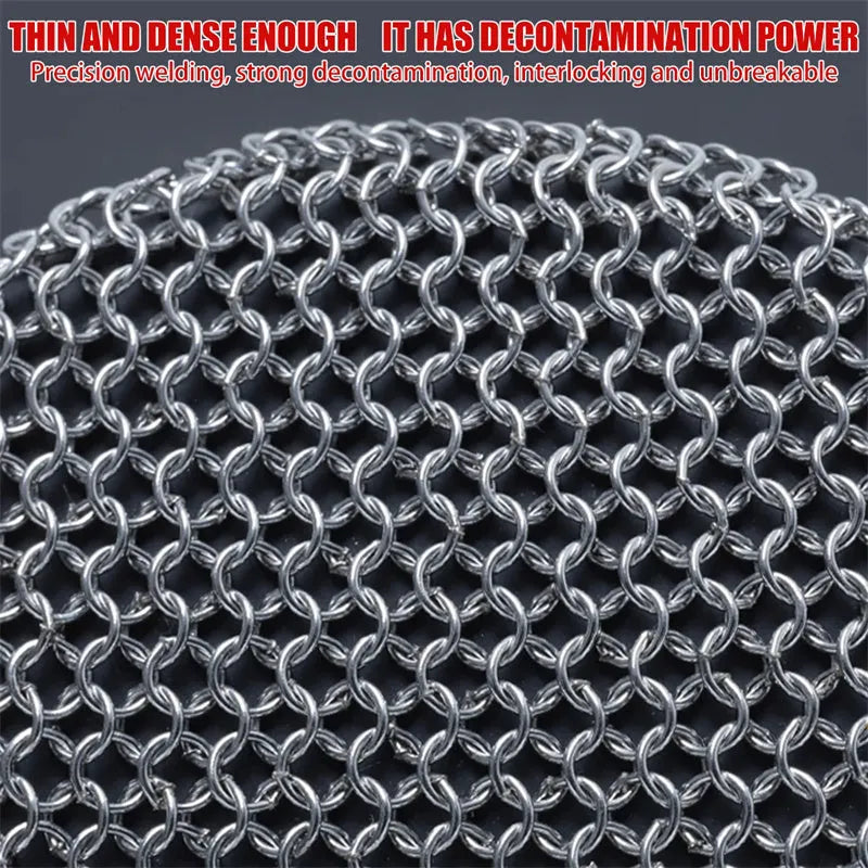 Cast iron scrubber with 316 stainless steel round chainmail head and silicone handle in red, blue, or black
