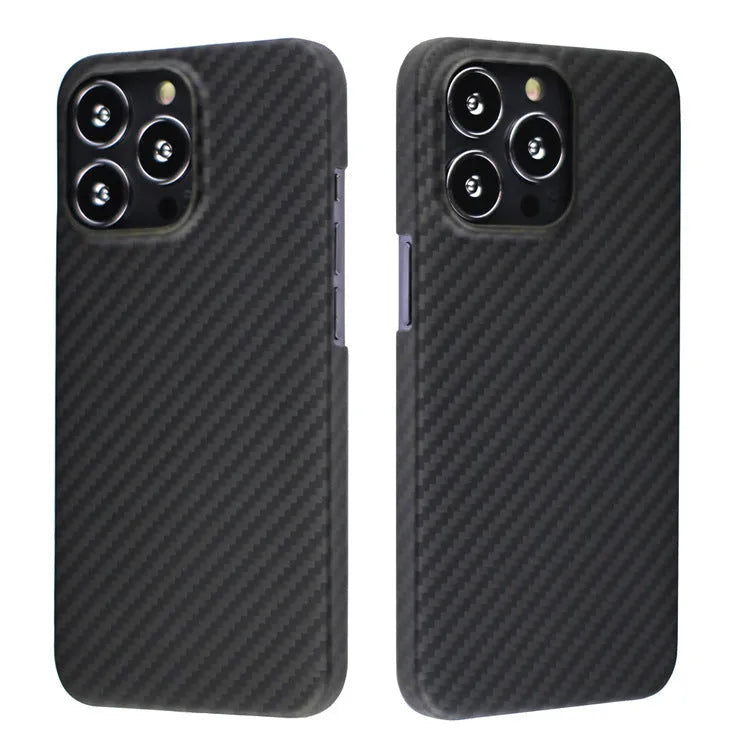 Dull Black Kevlar fibre iPhone case with Volcanic Crater texture, shown from the back.