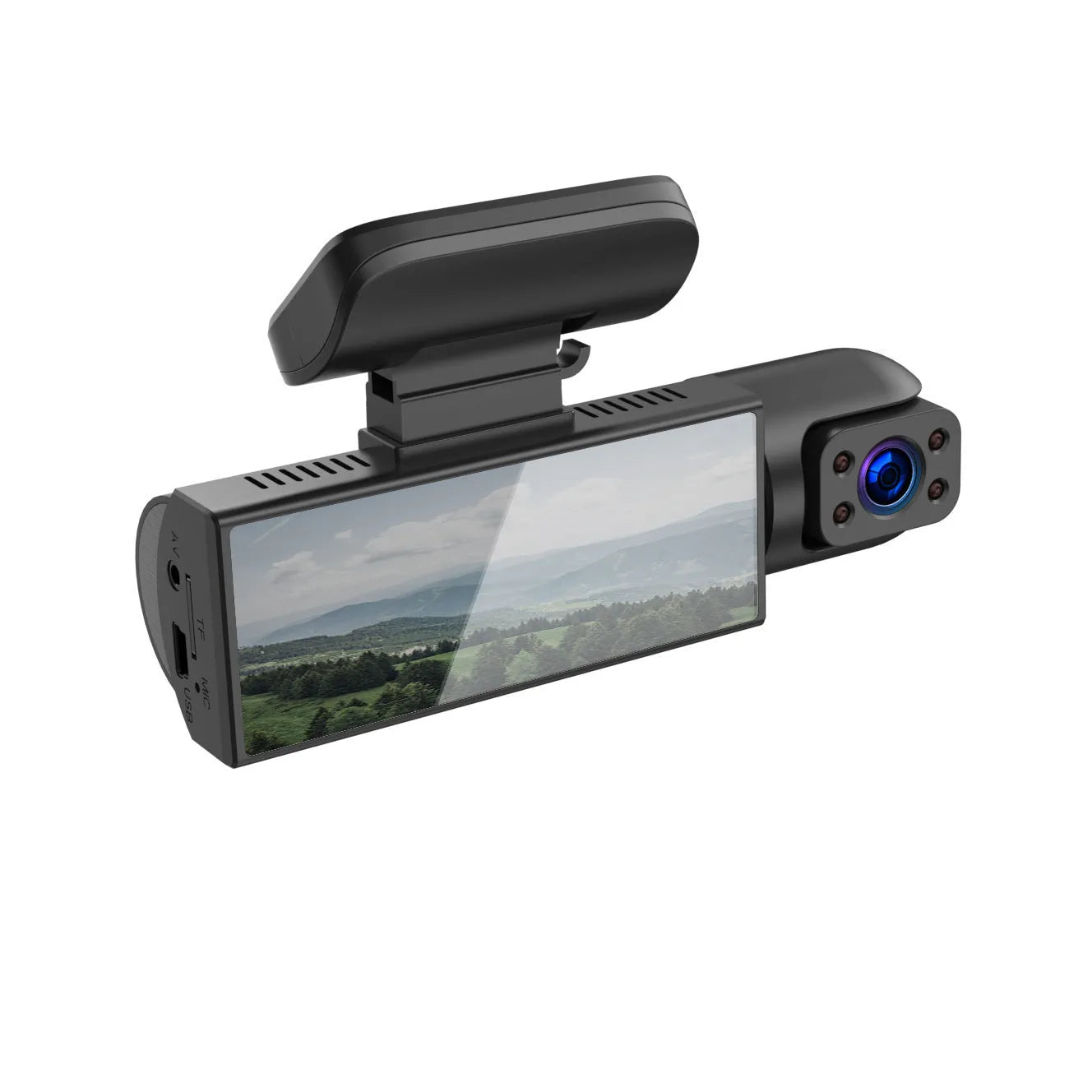 Black dual-lens car dash cam with a 3.5-inch LCD screen mounted on a windscreen.