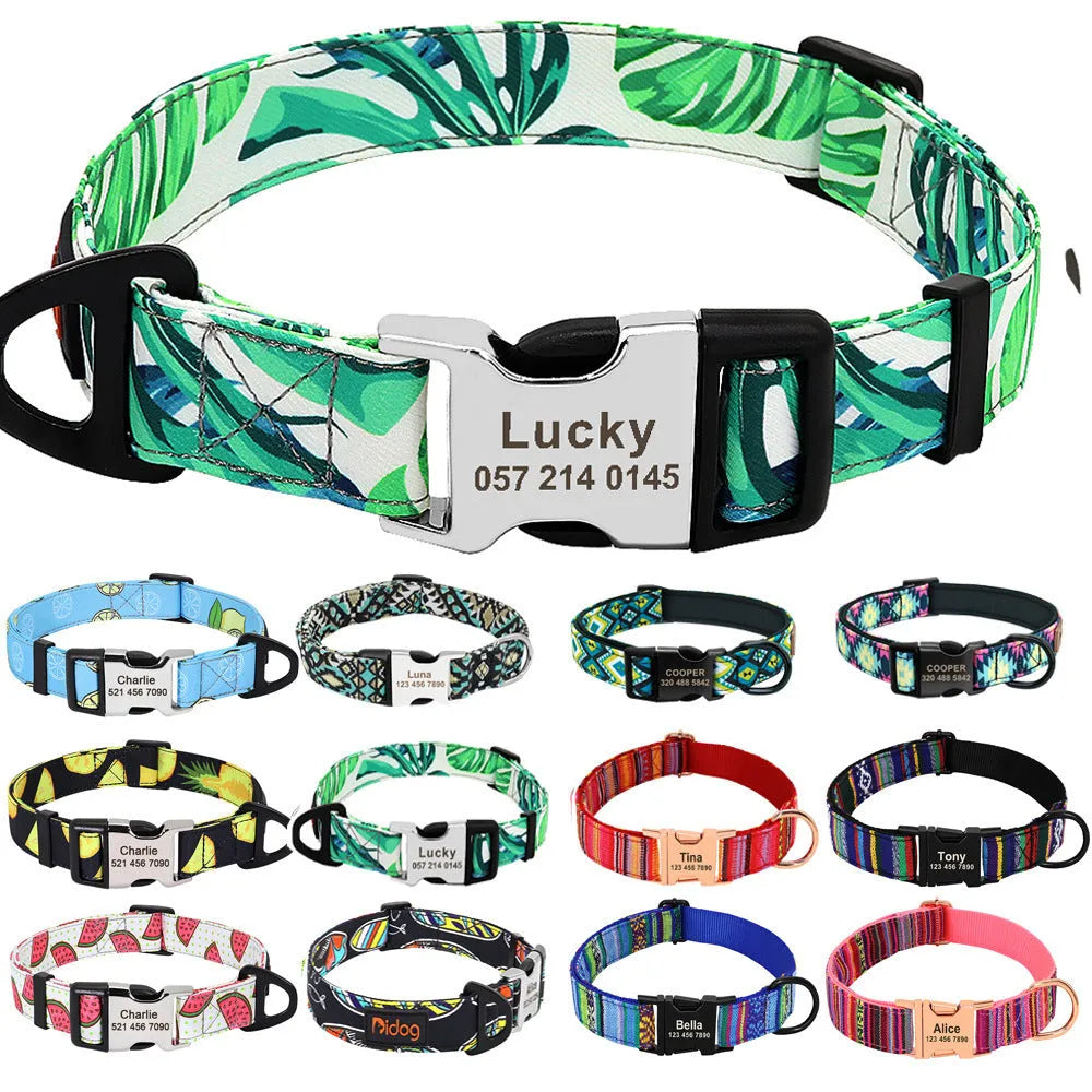 Nylon pet collar with mohair lining, personalised, available in black, blue, orange, rose, red, pink, green, white, and yellow.
