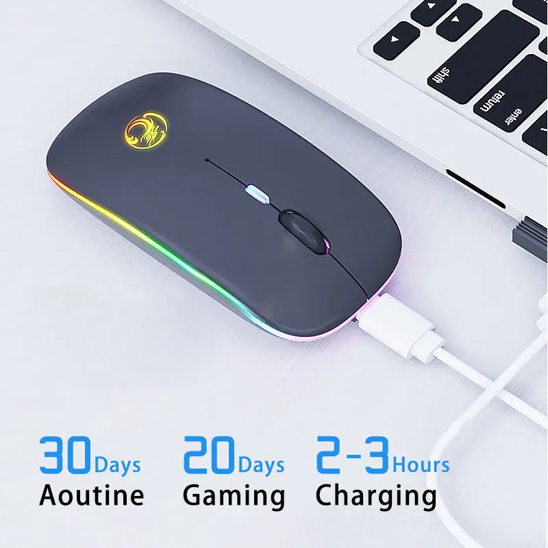 Black and white dual-mode wireless silent mouse with luminous charging scroll wheel.