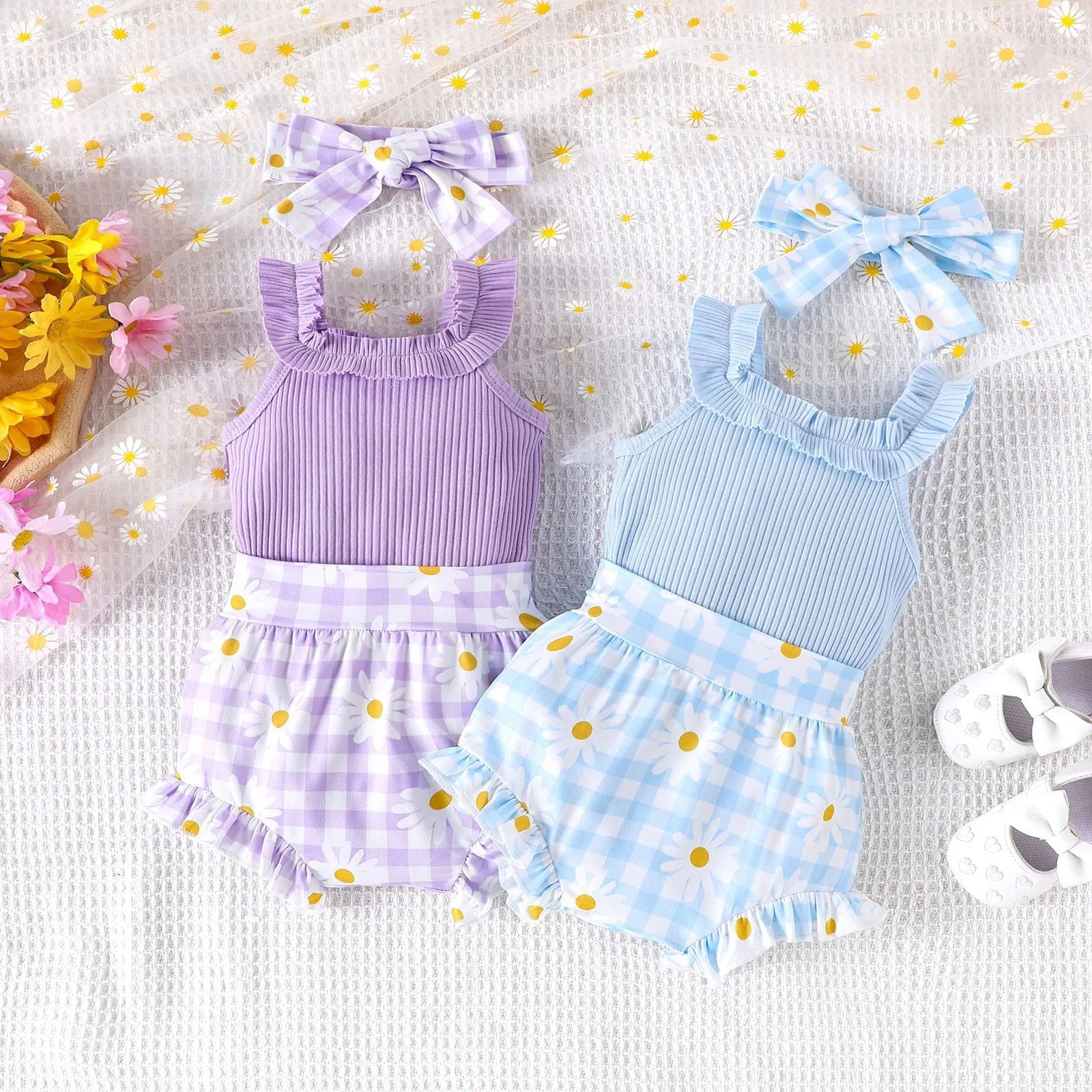 Cotton sunken stripe sling romper two-piece set for baby girls in violet and sky blue