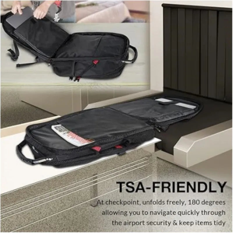 Large black waterproof Oxford cloth USB backpack with curved shoulder straps, shown open.