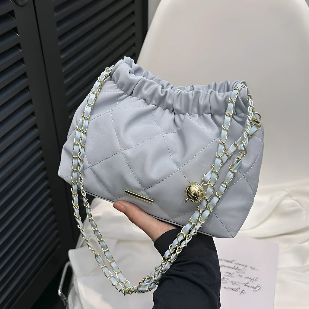 Fashion rhombus chain shoulder messenger bag in soft PU, horizontal square shape, single shoulder strap, available in black, blue, pink, white