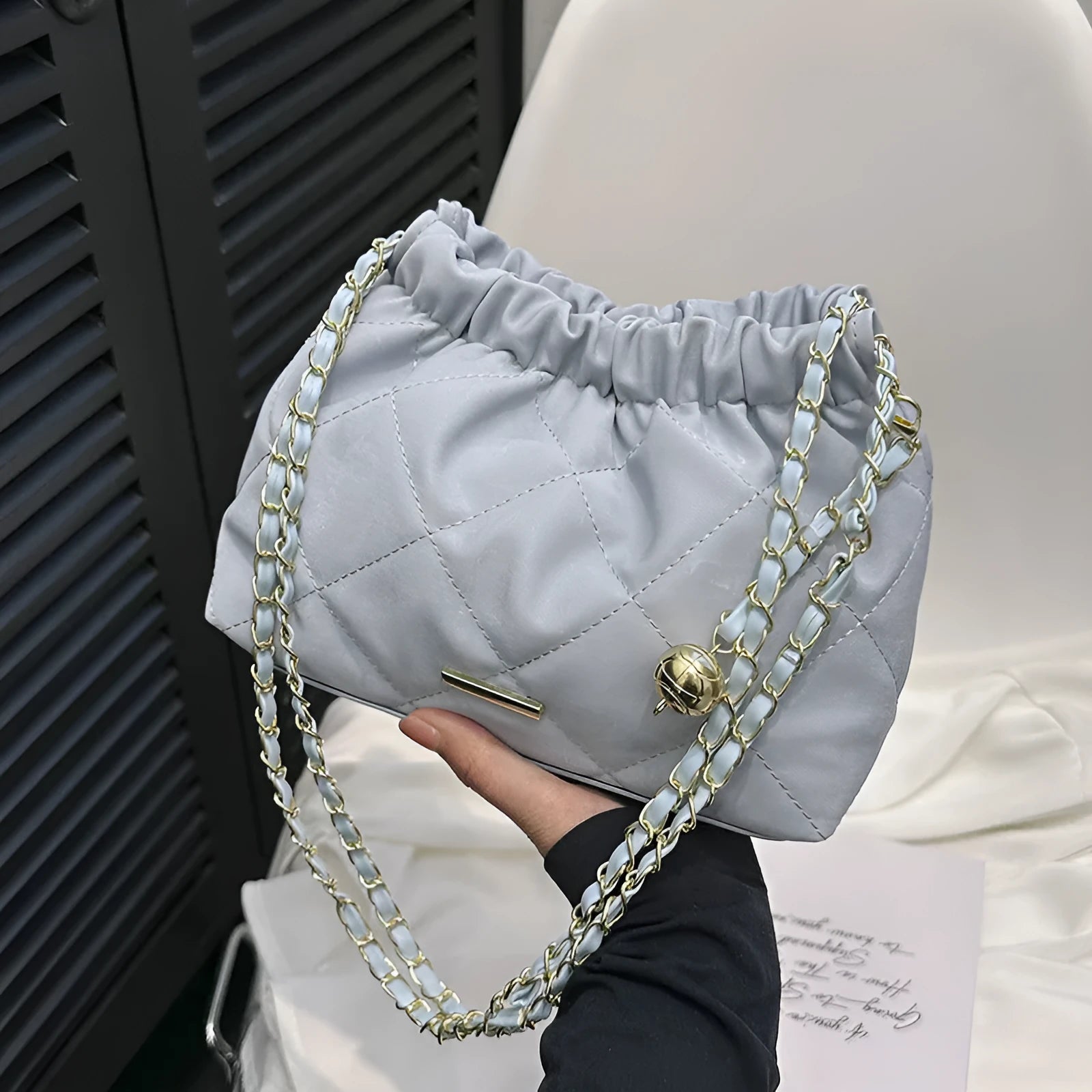 Fashion rhombus chain shoulder messenger bag in soft PU, horizontal square shape, single shoulder strap, available in black, blue, pink, white