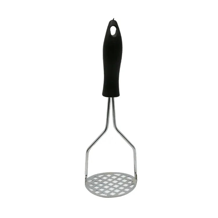 Manual potato masher with flower-shaped iron plated head and wooden handle on white background